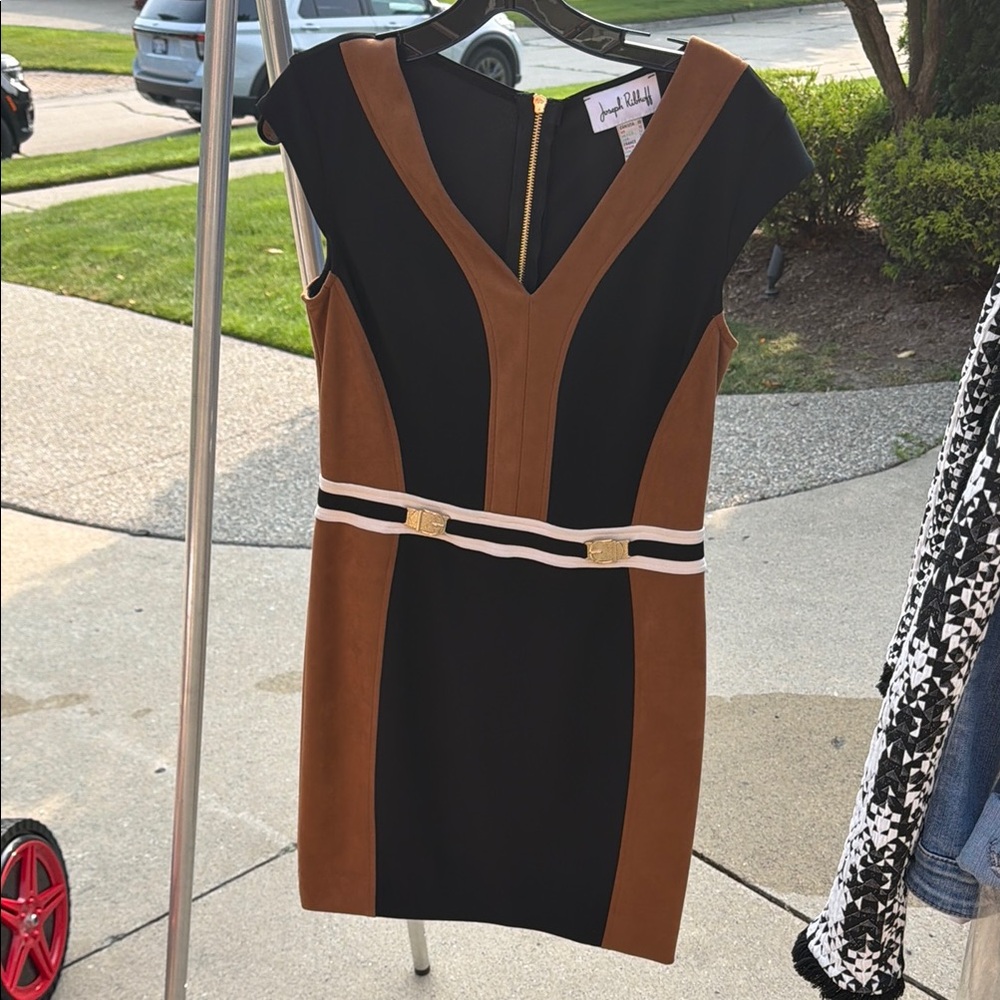 Joseph Ribkoff Black and Brown V-Neck Colorblock Sheath Dress with Striped Belt